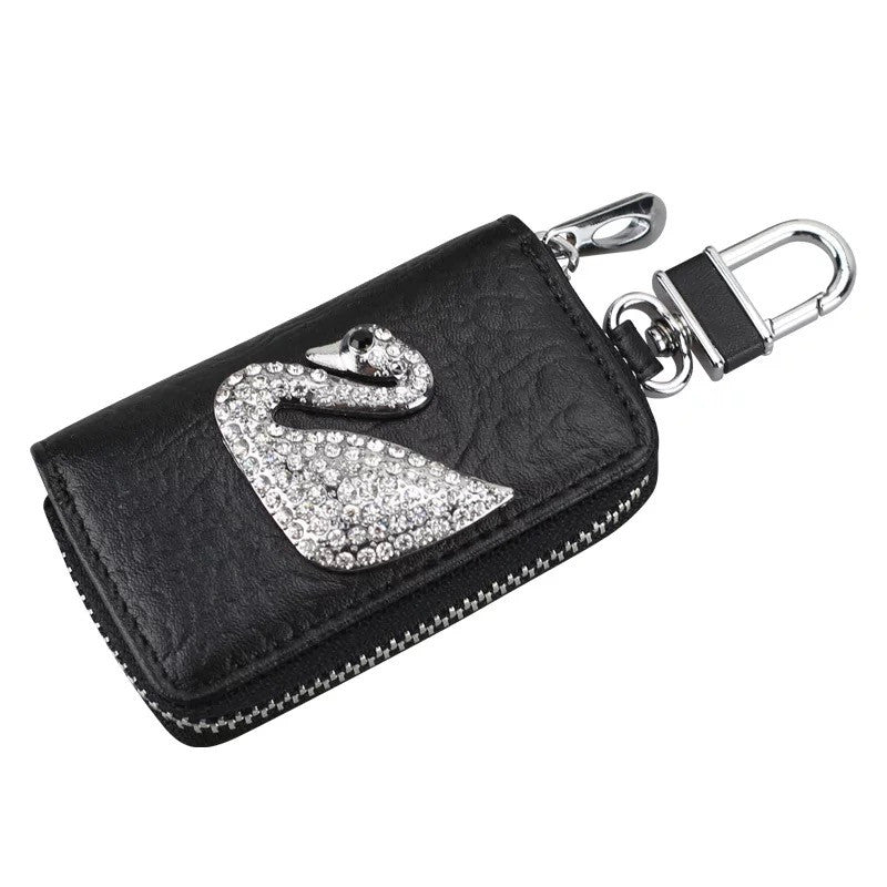 Leather Car Key Case with Bling Swan