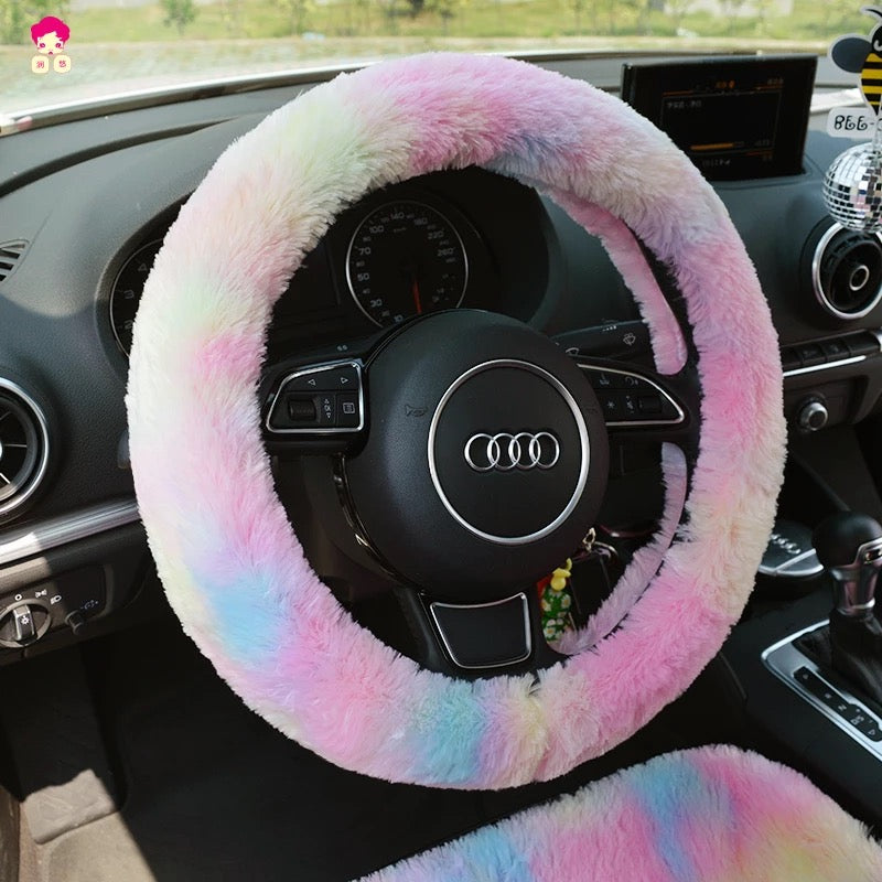 Fluffy Rainbow Car Accessories- Steering wheel cover, seat cover, head –  Carsoda