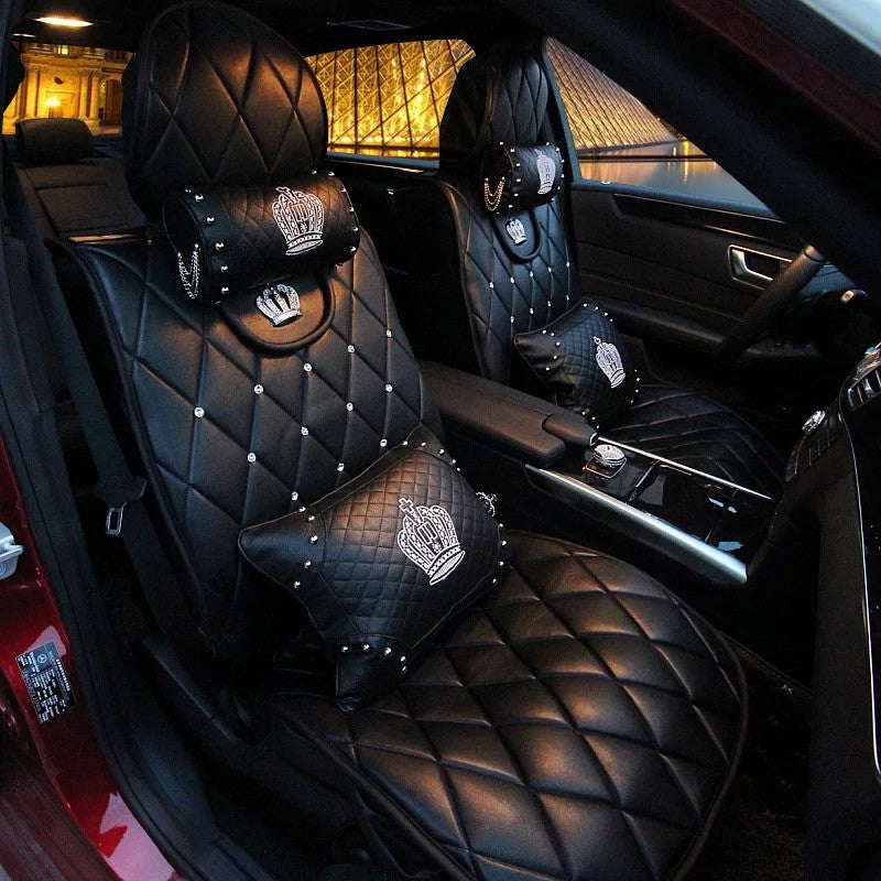 Black Leather Car Seat cover with Rhinestone bling Crown Five-pieces-s –  Carsoda
