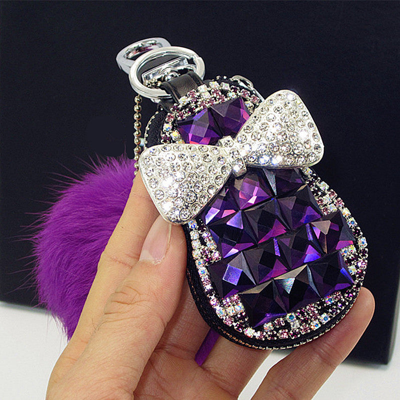 Bling Car Key Holder with Rhinestones and Pompom Fur Ball - Carsoda