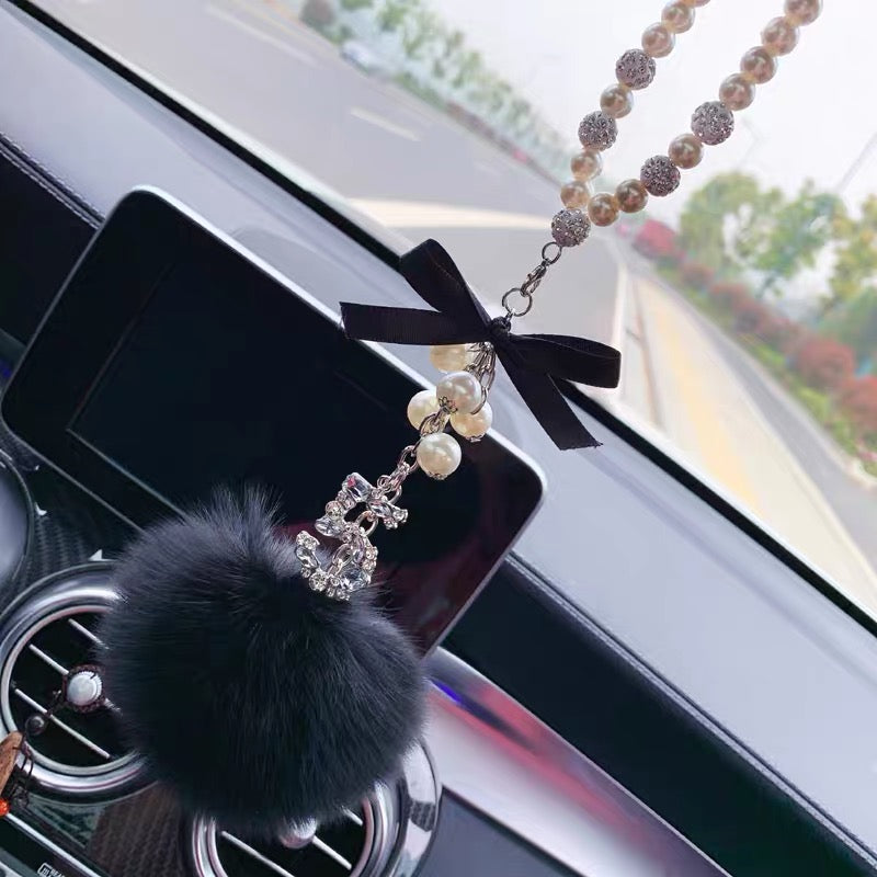 Car Hanging Charm-Crystal Pearls Fox Fur Pom Pom 