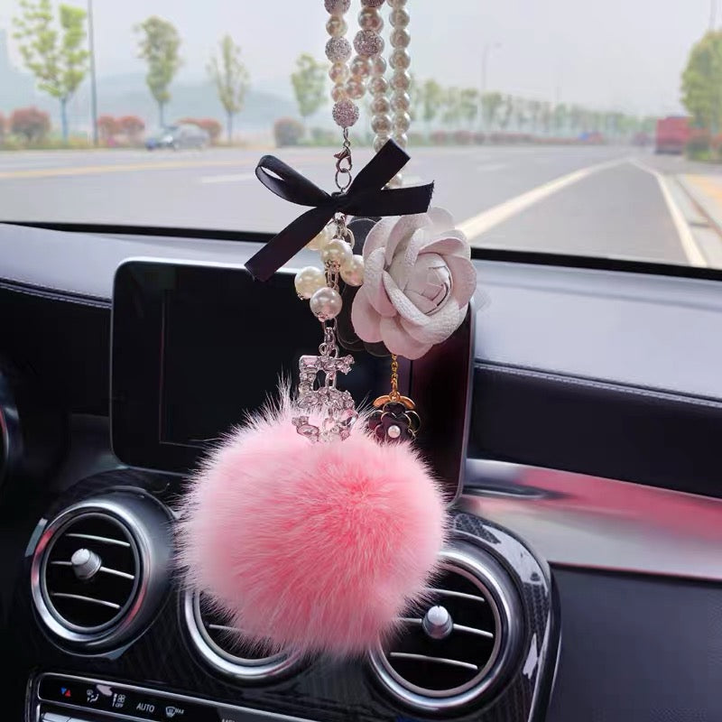 Car Hanging Charm-Crystal Pearls Fox Fur Pom Pom 