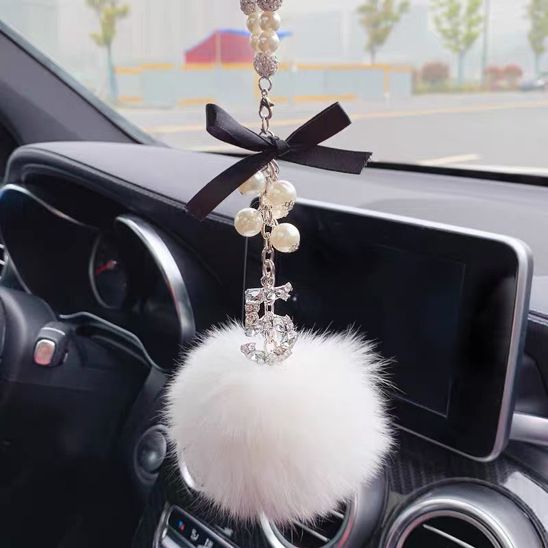 Car Hanging Charm-Crystal Pearls Fox Fur Pom Pom 