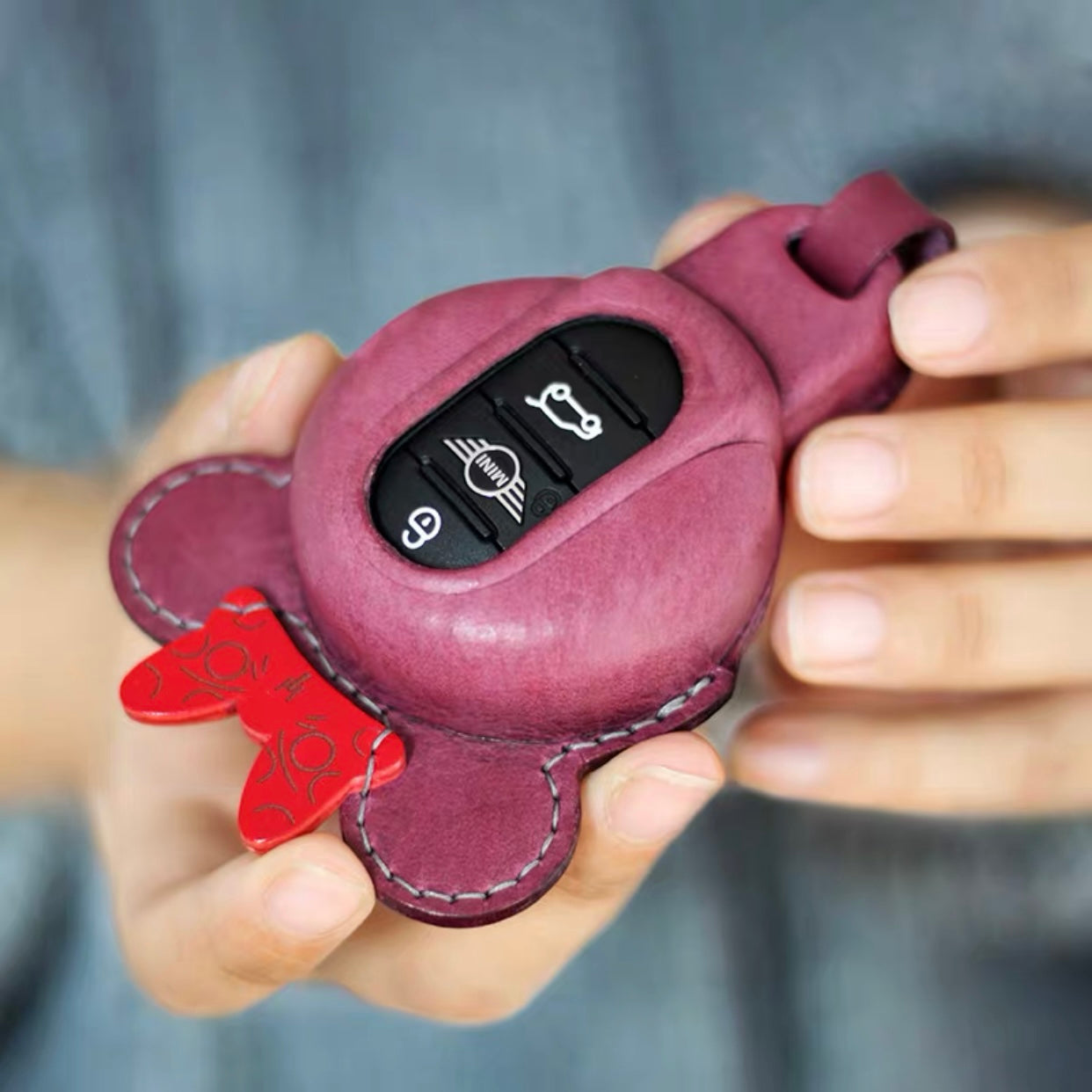 Purple Genuine leather Mini Cooper Mouse Ear Shaped Key Fob Cover Case – Carsoda