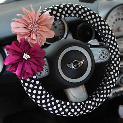 Small Polka Dots Steering wheel cover with Chiffon Flowers